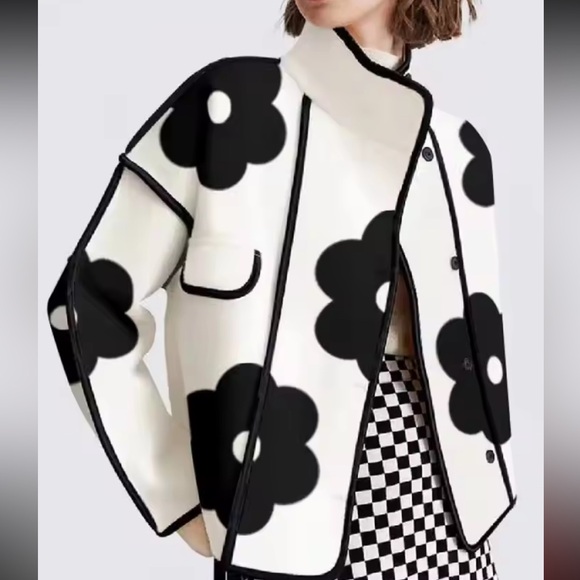 Jackets & Blazers - Floral coat jacket cute black white runway women’s